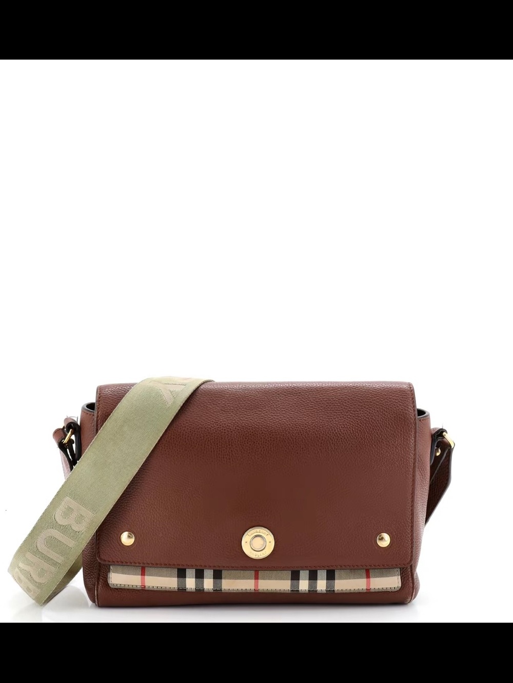 Burberry Brown Leather Crossbody with Signature Check and Olive Web Strap